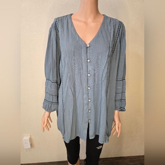 J. JILL Top Womens Lp Pintuck Crinkle Peasant Blouse Blue Balloon Sleeve… - Picture 5 of 9